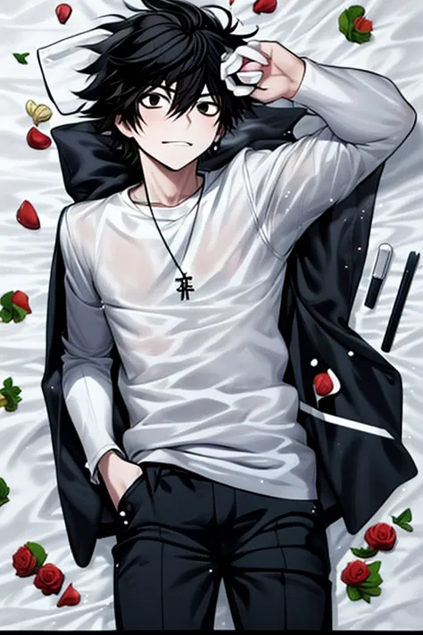 anime style drawing of l lawliet, death note style, anime boy, anime style, Lawliet L, male anime style, Lawliet L hairstyle, emo black hair, black eyes, emo, eyebags, hot, sexy, lawliet L lying dakimakura style