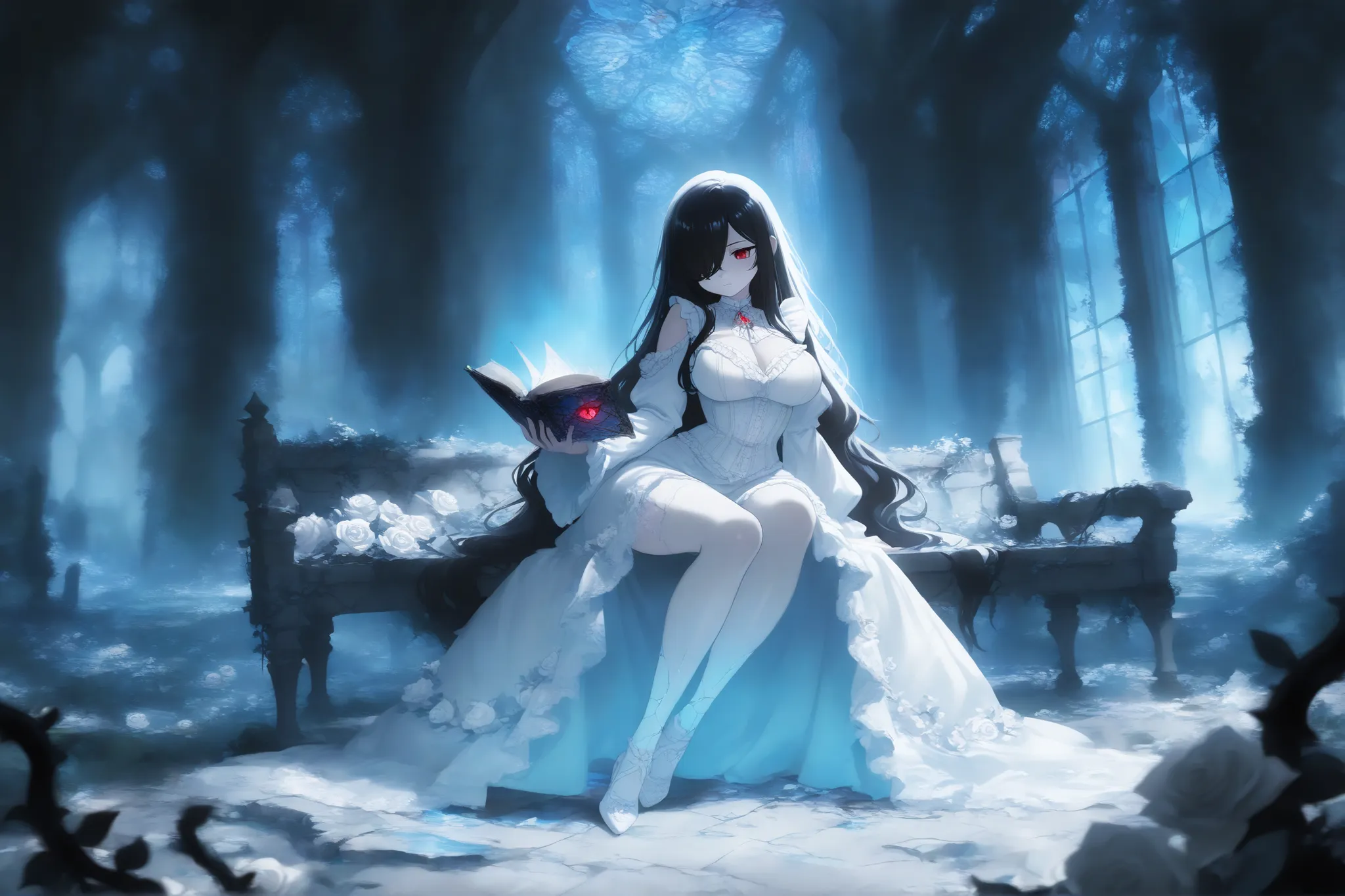 semi-transparent bodies, wearing victorian gothic dresses, sitting on a cracked stone bench, holding an old book , melancholic expressions, abandoned garden inside a ruined gothic castle, overgrown vines, shattered stone pillars, broken stained glass, fu...