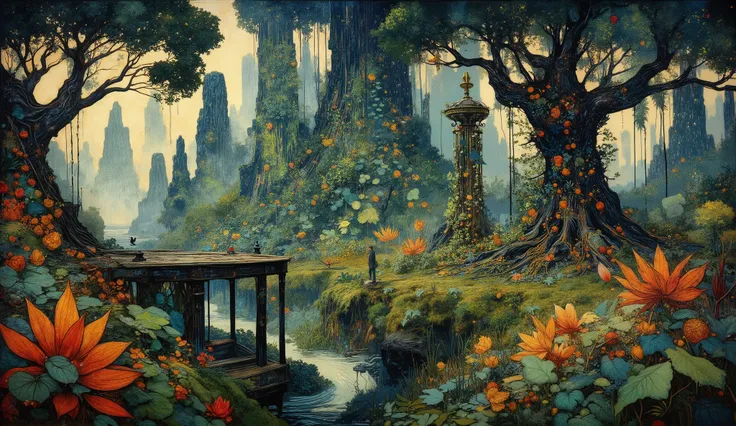 (best quality,4k,8K,high resolution,Masterpiece:1.2),ultra detailed,sharp focus,(realista,photorealist,photo-realista:1.37),extremely fine details,intricate details, wallpaper for dark theme wallpaper, gloomy, jungle landscape spray drops on leaves, inten...