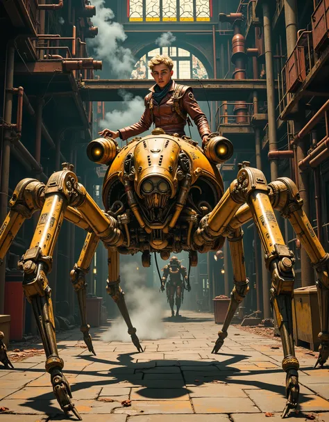 Steampunk, dynamic scene. A huge spider robot made of brass and wrought iron rushes across the stone floor of an abandoned factory, sparks flying from under its screwdriver feet. 8 long mechanical limbs with articulated joints, each ending with a sharp spi...