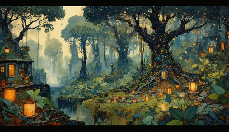 (best quality,4k,8K,high resolution,Masterpiece:1.2),ultra detailed,sharp focus,(realista,photorealist,photo-realista:1.37),extremely fine details,intricate details, wallpaper for dark theme wallpaper, gloomy, jungle landscape spray drops on leaves, inten...