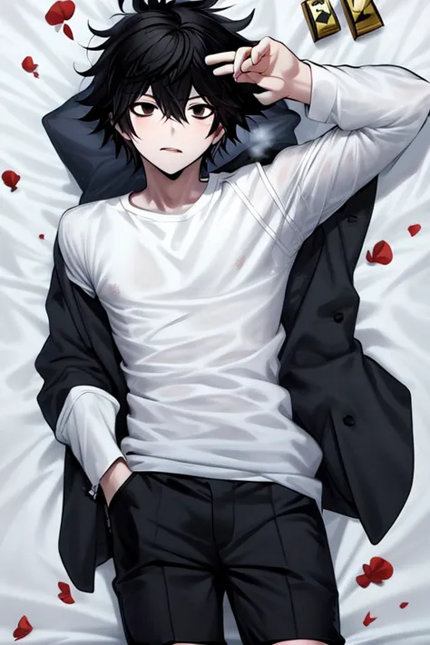 anime style drawing of l lawliet, death note style, anime boy, anime style, Lawliet L, male anime style, Lawliet L hairstyle, emo black hair, black eyes, emo, eyebags, hot, sexy, lawliet L lying dakimakura style, fix eyes, fix hands, fix fingers
