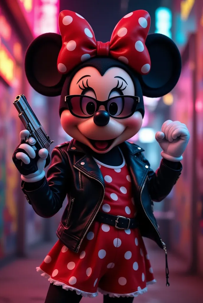 Minnie Mouse in a stylized and daring version,  holding a pistol confidently . She is wearing her classic red outfit with white polka dots, but with a more modern and slightly rebellious look: black leather jacket, gloves and dark glasses . Its expression is determined, with a slight smile at the corner of the mouth, conveying attitude and security. The pistol is silver and stylized, non-aggressive, but with an elegant design. The fund is urban, with graffiti walls and colored neon lights, creating a vibrant and contemporary atmosphere,  in street art style .