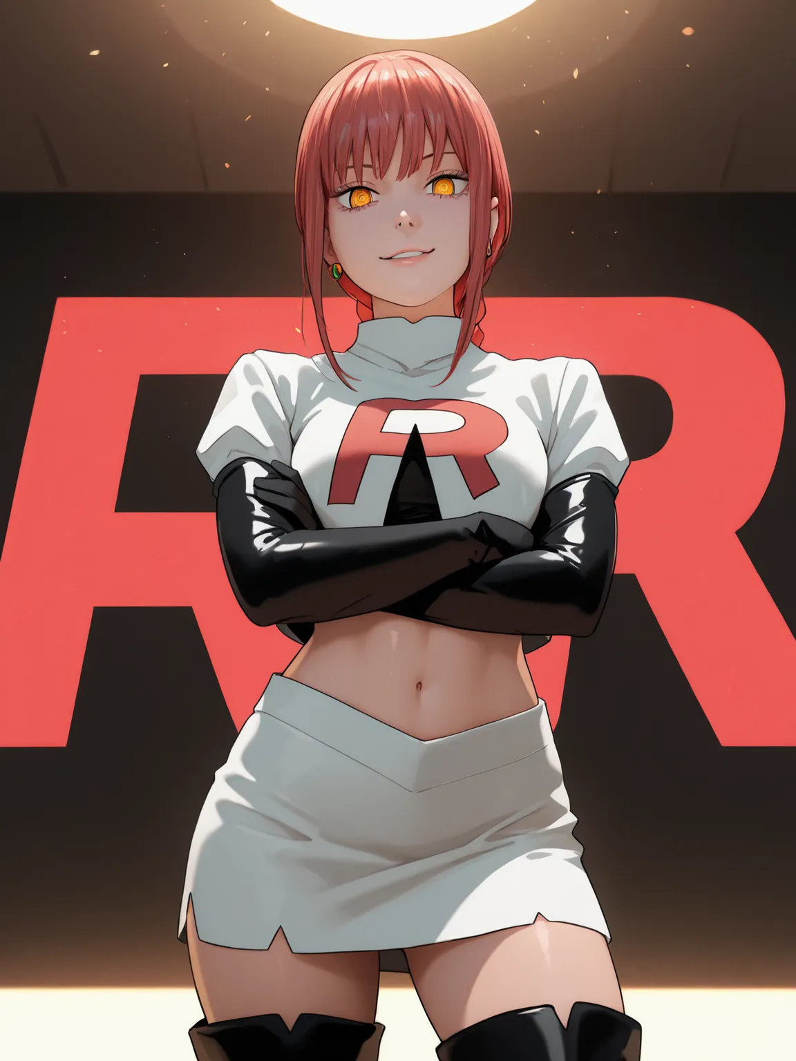 masterpiece, (photorealistic:1.4), best quality, beautiful lighting, (ulzzang-6500:0.5), makima \(chainsaw man\), (red hair)+(long braided hair)+(bangs), yellow eyes, golden eyes, ((ringed eyes)), earings ,glossy lips ,team rocket uniform, red letter R, wh...