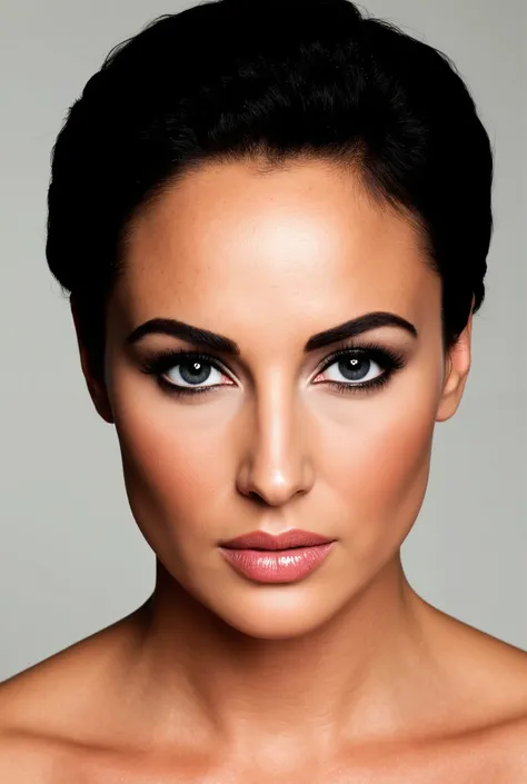 A frontal passport-style portrait of the most beautiful woman in the world, blending the striking facial features of Monica Bellucci with the legendary, glamorous beauty of Elizabeth Taylor. The face is perfectly symmetrical, with radiant, flawless skin, d...