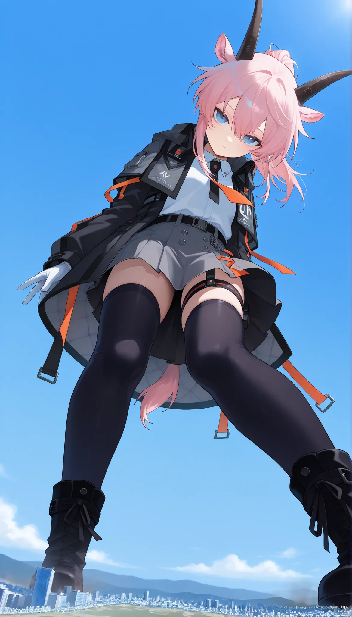 score_9_up, score_8_up, score_7_up,地面に座る,earthspirit, looking at viewer, pink hair, ponytail, hair between eyes, bangs, horns, animal ears, blue eyes, goat tail,
coat, white shirt, necktie, skirt, belt, black thighhighs, thigh strap, white gloves, black fo...