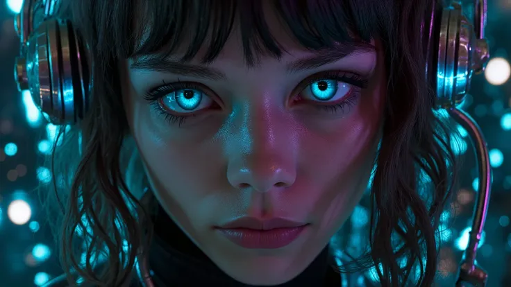  Portrait of a futuristic cyberpunk rebel leader, girl, centered, adorned with revolutionary tech, in a hidden, underground bunker, shifting holographic interfaces, 4k, glitch, inspiring, digital art style, hyperrealism, charismatic, dark background, emoti...