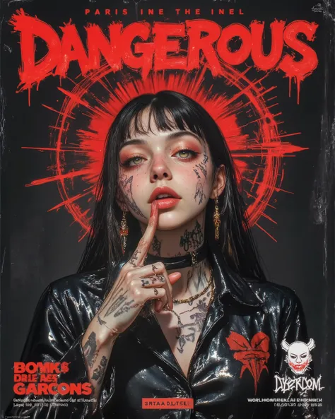 wicked, Dark and dangerous world of picture books！、((Dangerous World:1.2)) fashion photography、((Dressed in a piece by Cybercom des Garcons:1.2))、portrait,A girl, Photorealistic, Later ,genuine leather  ,best quality ,  super fine ,mafia  ,facial tattoo, ...