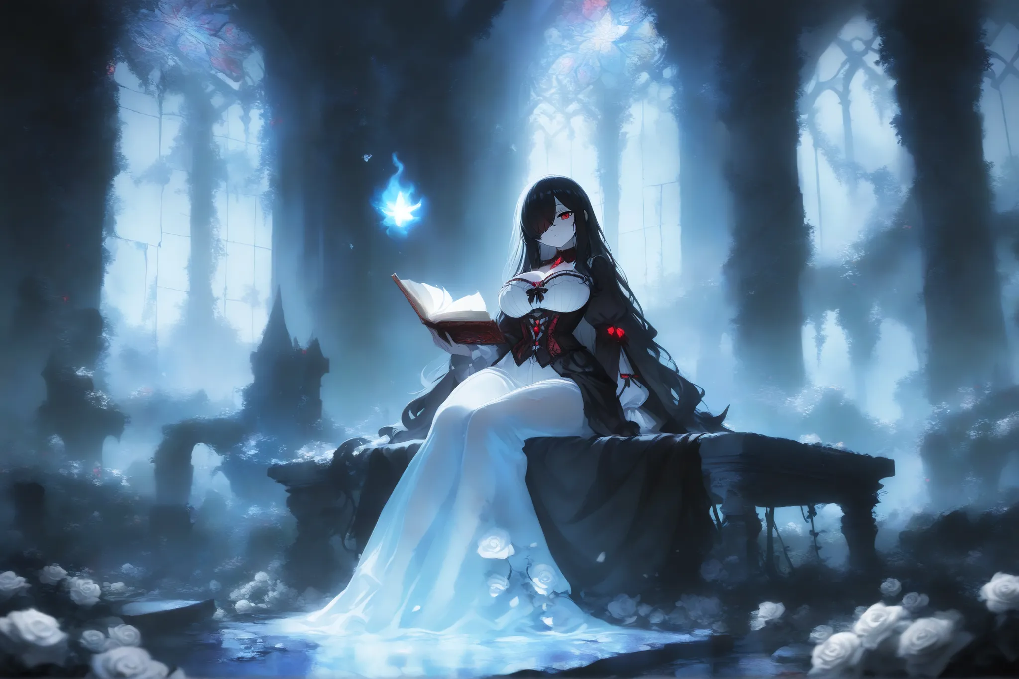 semi-transparent bodies, wearing victorian gothic dresses, sitting on a cracked stone bench, holding an old book , melancholic expressions, abandoned garden inside a ruined gothic castle, overgrown vines, shattered stone pillars, broken stained glass, fu...
