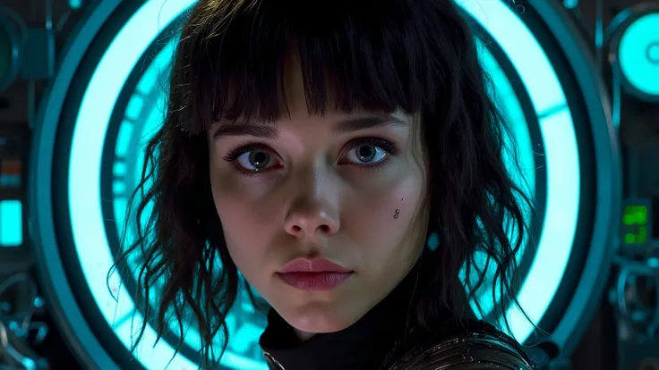 Portrait of a futuristic cyberpunk rebel leader, girl, centered, adorned with revolutionary tech, in a hidden, underground bunker, shifting holographic interfaces, 4k, glitch, inspiring, digital art style, hyperrealism, charismatic, dark background, emoti...