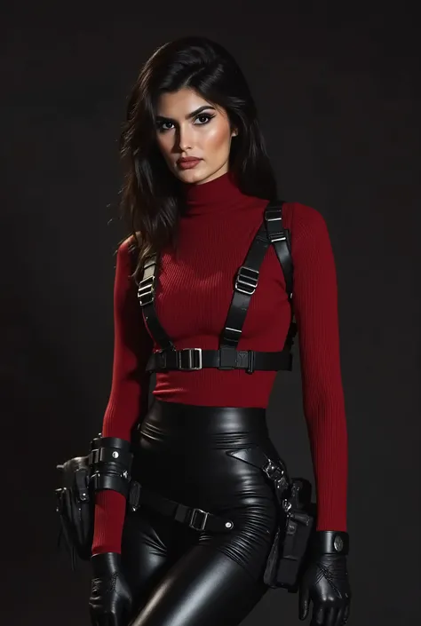 dark red turtleneck,black leather pants,black shoulder harness with gun holsters,black gloves,potrait