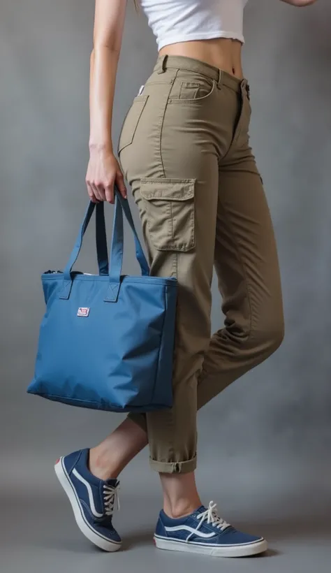 ((Close-up)) Of a thin woman standing (((in a back diagonal position))), wearing (((Cargo Pants))) and (((Vans® blue sneakers))), holding a basic blue cooler bag, simple straight bag, thermal bag with tote bag sizeu,u sacola simples, Ecological sabota, nyl...