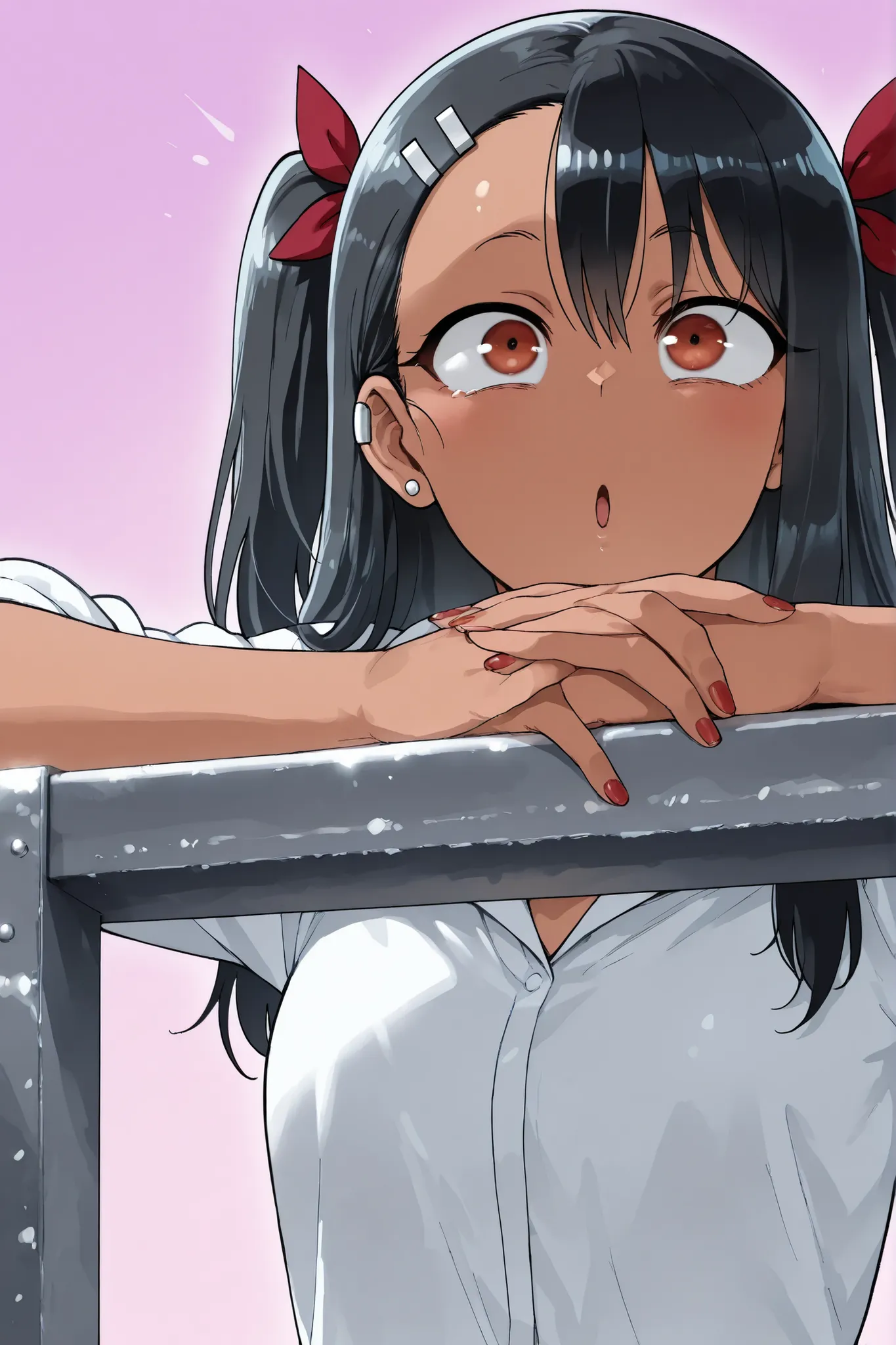 masterpiece,best quality,amazing quality,absurdres, nagatoro, 1girl, :o, red nails, black hair, earrings, fingernails, hair ribbon, jewelry, long hair,  portrait, purple background, red eyessimple background, solo, two side up, upper body, on bridge, guard...