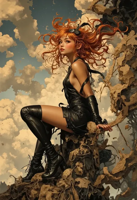 anime comic art, there is a beautiful female angel, smiling angel, red hair, long hair, flowing hair, she wears a black leather dress, black stiletto high heeled boots, with a wide smile as she is sitting on top of of a cloud in the sky, the sun is rising,...