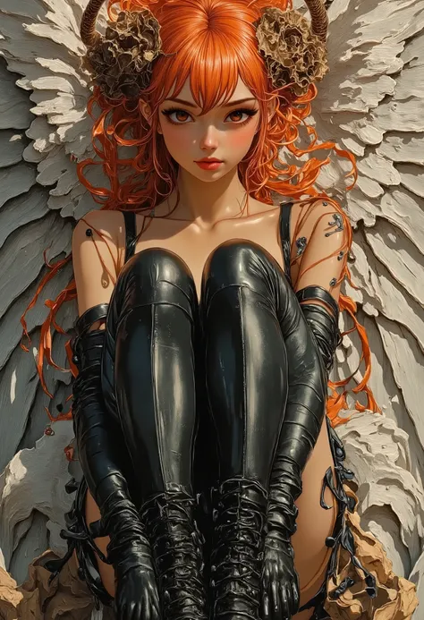 anime comic art, there is a beautiful female angel, smiling angel, red hair, long hair, flowing hair, she wears a black leather dress, black stiletto high heeled boots, with a wide smile as she is sitting on top of of a cloud in the sky, the sun is rising,...