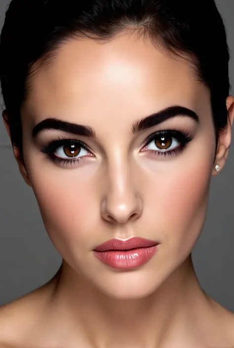 A frontal passport-style portrait of the most beautiful woman in the world, blending the striking facial features of Monica Bellucci with the legendary, glamorous beauty of Elizabeth Taylor. The face is perfectly symmetrical, with radiant, flawless skin, d...