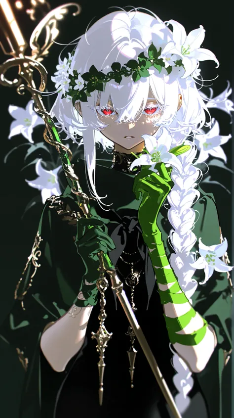 masterpiece,best quality,absurdres,very awa,highres,newest, 1girl, solo, braid, short_hair, messy hair, ((tan skin:1.5)), ((parted lips)), ((white eyelashes:1.2)), long braid, dress, (green_dress:0.5), holding, hair_ornament, big_hair_flower, lys hair flow...