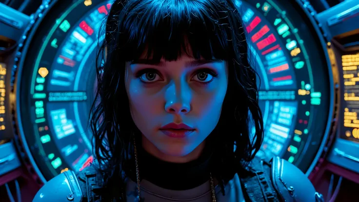  Portrait of a futuristic cyberpunk rebel leader, girl, centered, adorned with revolutionary tech, in a hidden, underground bunker, shifting holographic interfaces, 4k, glitch, inspiring, digital art style, hyperrealism, charismatic, dark background, emoti...