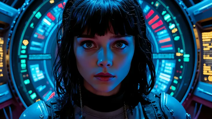  Portrait of a futuristic cyberpunk rebel leader, girl, centered, adorned with revolutionary tech, in a hidden, underground bunker, shifting holographic interfaces, 4k, glitch, inspiring, digital art style, hyperrealism, charismatic, dark background, emoti...
