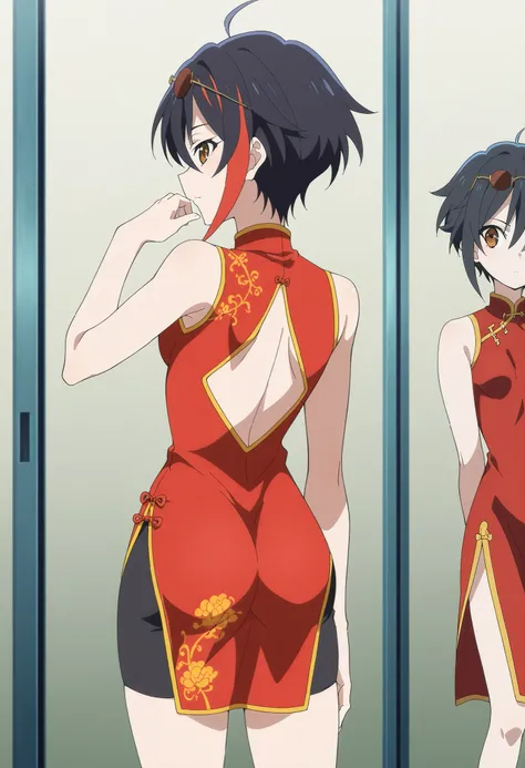 score_9, score_8_up, score_7_up, source_anime,  maou2099 takahashi, back body view, back body, short hair, black hair, brown eyes, ahoge, red hair, multicolored hair, streaked hair, mature female, small breasts, anime screencap,chinese clothes, sunglasses,...