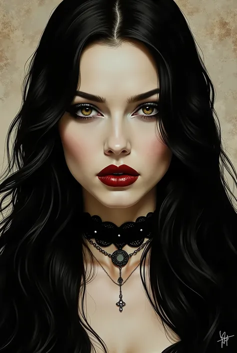 A hyper-detailed digital painting, front-facing portrait of a gothic woman inspired by Dana Dentata's appearance in the 'God Is a Weapon' music video. She stares directly at the viewer with a cold, intense gaze — dark, heavily lined almond eyes A frontal p...