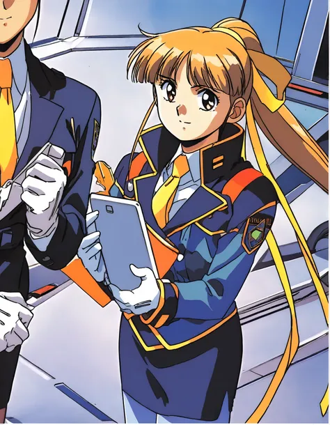 score_9, score_8_up, score_7_up,1990s \(style\),anime coloring,ultra-detailed,official art,best quality,good quality,cowboy shot,BREAK,1girl,solo,yuki,hair_ribbon,police uniform,jacket,long sleeves,yellow necktie,white gloves,pencil skirt,blue pantyhose,bo...