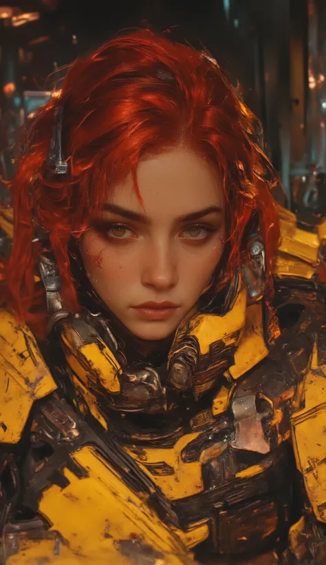 A futuristic female android with striking, long red hair and intricate mechanical features. Her skin has a human-like texture mixed with metallic elements, showcasing a blend of technology and humanity. She wears a stylized armor that is yellow and weather...