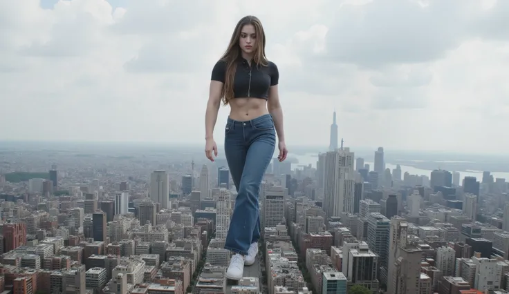 21 years old fitness girl, dressed in short sleeve crop polo top and long blue jeans and athletic shoes, masterpiece, best quality, 4K, 8K, long hair, she walks over city, giantess, GTS, crushing buildings under her shoes, destruction, she is 999999 meters...