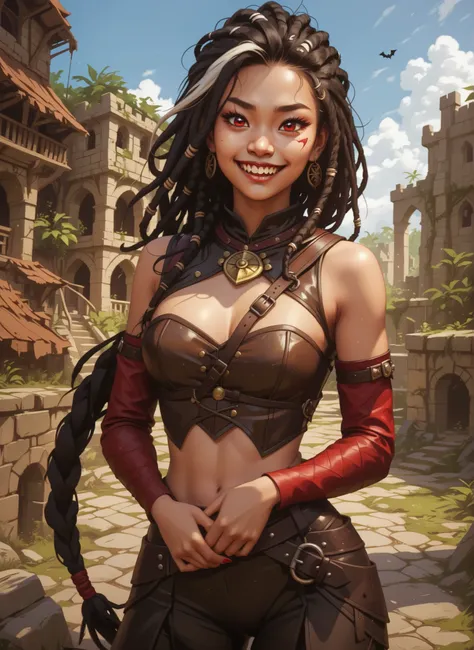 Slender body. Black latex skin. Cute 18-year-old Asian bat-demon girl with Asian red eyes and sharp teeth and dreadlocks with white highlights. She has a cute and beautiful face. She has a round and young face with a pointy chin. Her black body is athletic...