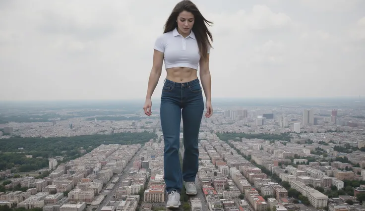 21 years old fitness girl, dressed in short sleeve crop polo top and long blue jeans and athletic shoes, masterpiece, best quality, 4K, 8K, long hair, she walks over city, giantess, GTS, crushing building under her shoes, destruction, she is 999999 meters ...