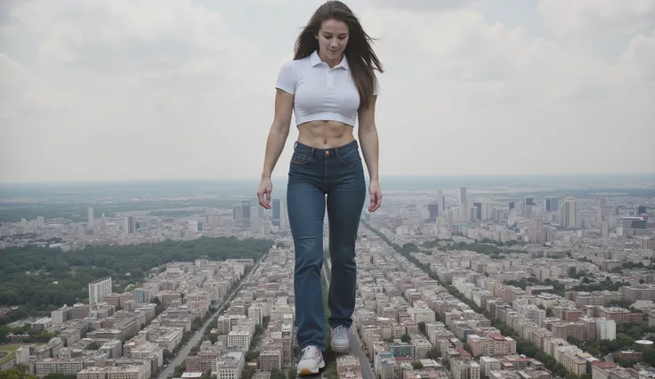 21 years old fitness girl, dressed in short sleeve crop polo top and long blue jeans and athletic shoes, masterpiece, best quality, 4K, 8K, long hair, she walks over city, giantess, GTS, crushing building under her shoes, destruction, she is 999999 meters ...