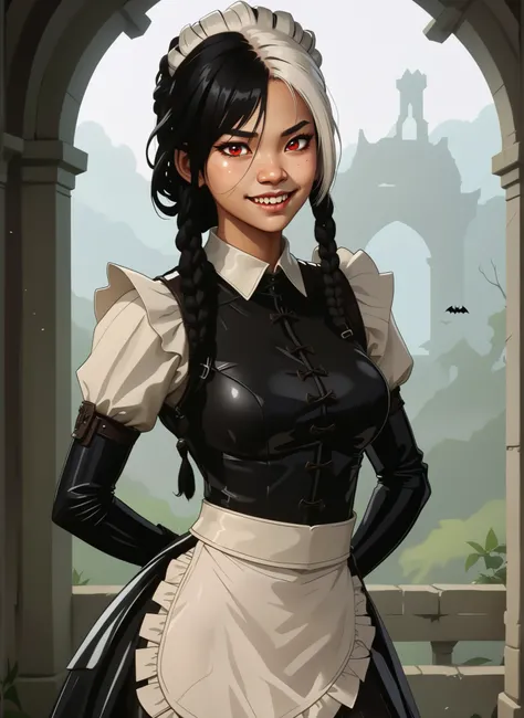 Slender body. Black latex skin. Cute 18-year-old Asian bat-demon girl with Asian red eyes and sharp teeth and dreadlocks with white highlights. She has a cute and beautiful face. She has a round and young face with a pointy chin. Her black body is athletic...