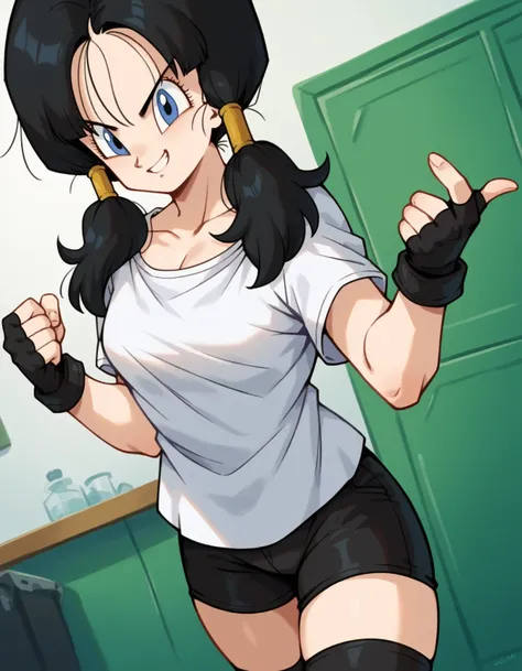 Score 9, Score 8, Score 7, Anime Source, Videl, black hair, blue eyes, eyelashes, parted bangs, pigtails, medium chest, biker shorts, black gloves, black stockings, collarbone, fingerless gloves, gloves, shirt, short sleeves, white shirt, indoors, showing off, hands squeezing her breasts, sultry smile, looking at viewer, alone, cowboy shot, angle