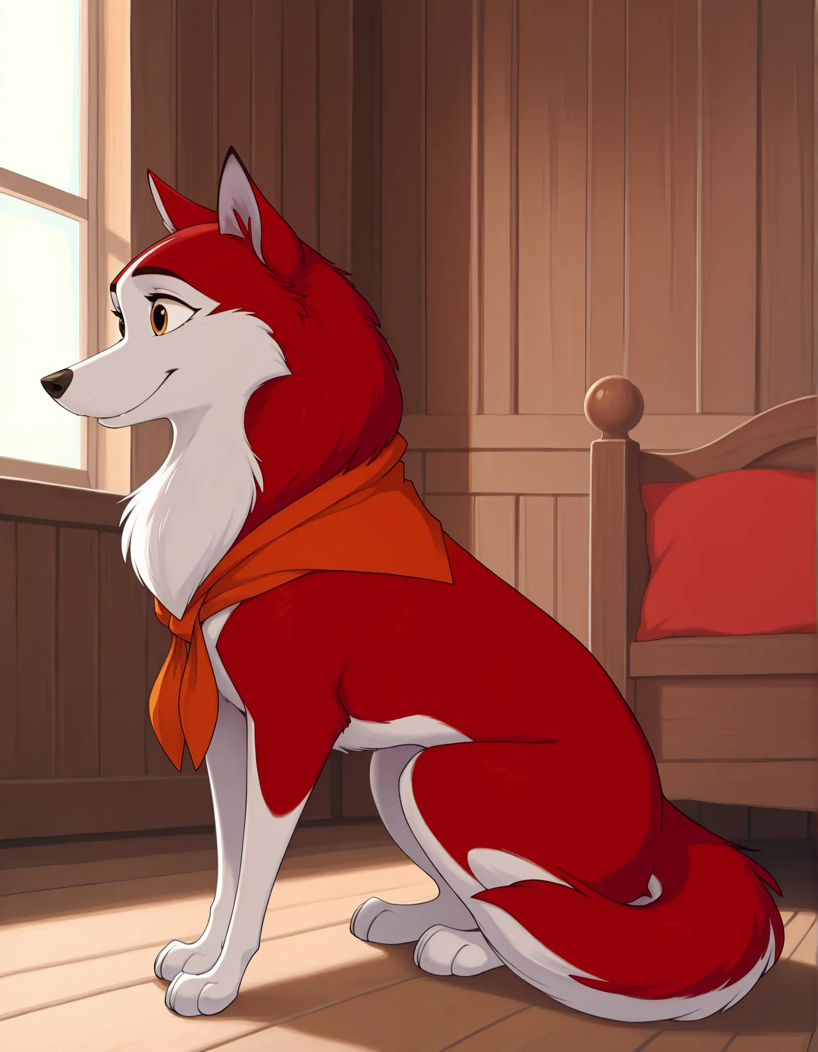 masterpiece, best quality, detailed, detailed background, absurd res, 1girl, jenna\(balto\), feral, solo, smile, full body, indoors, from side, no humans, animal, dog, animal focus, two tone fur, red fur, canine , amber eyes, neckerchief
