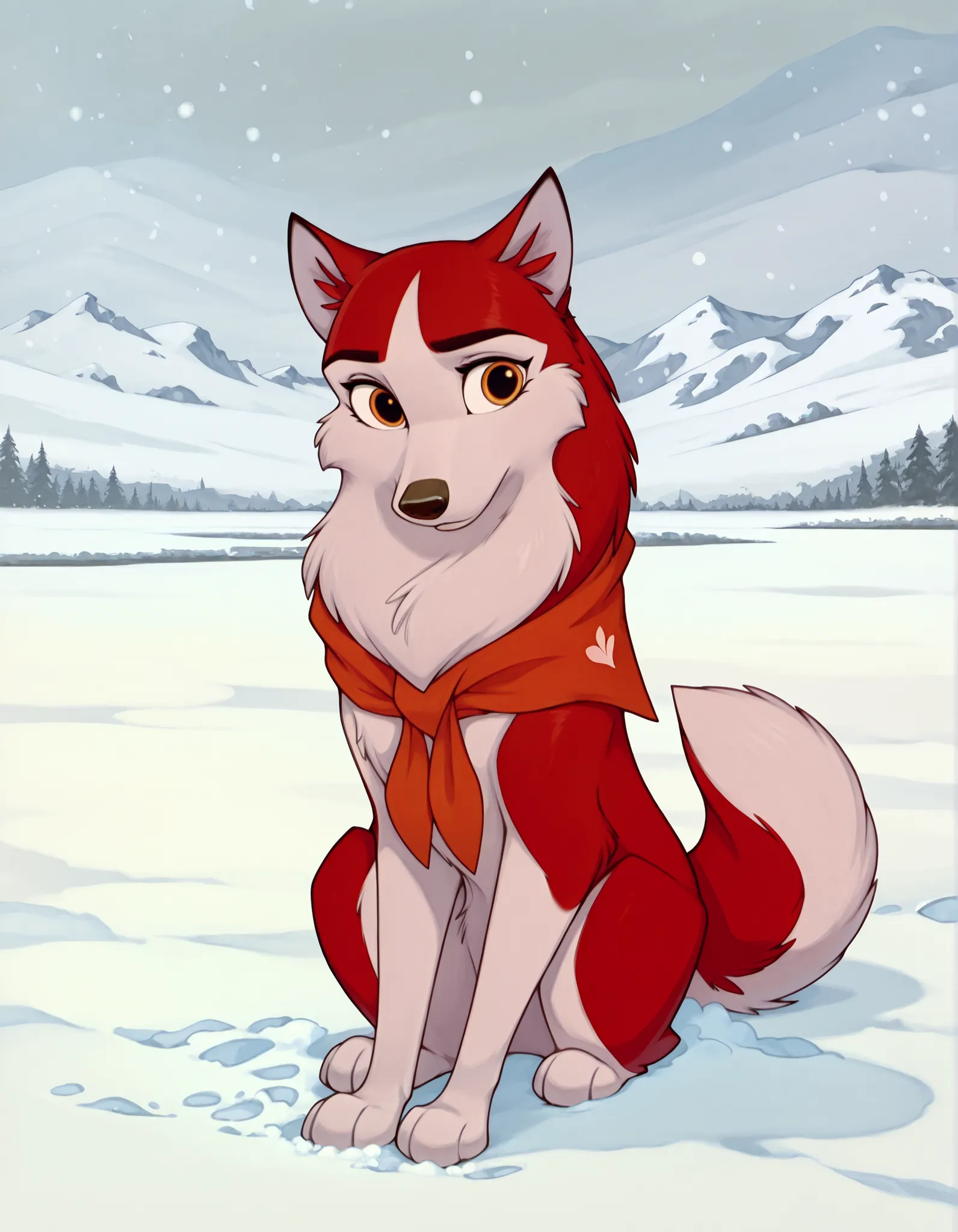1girl, jenna\(balto\), feral, two tone fur, red fur, canine, no humans, solo, amber eyes, neckerchief, animal, outside, snow, sitting, looking at viewer,