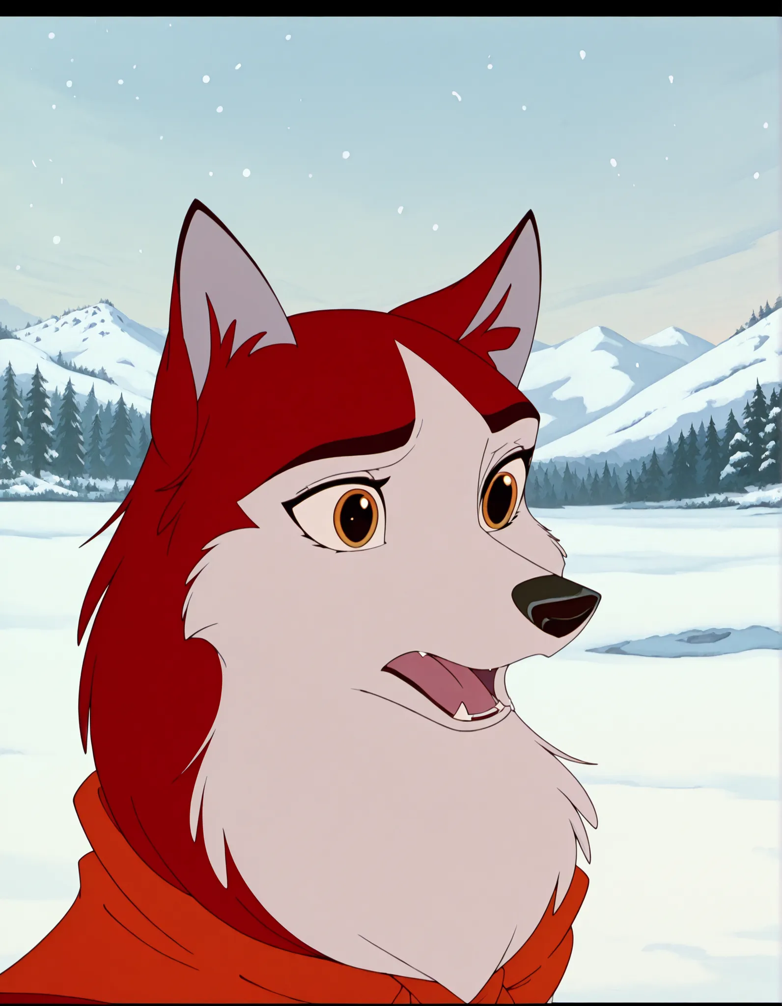 1girl, jenna\(balto\), solo, open mouth, animal ears, outdoors, tree, no humans, fangs, wolf ears, letterboxed, snow, winter, wolf, anime coloring, two tone fur, red fur, canine , amber eyes, neckerchief