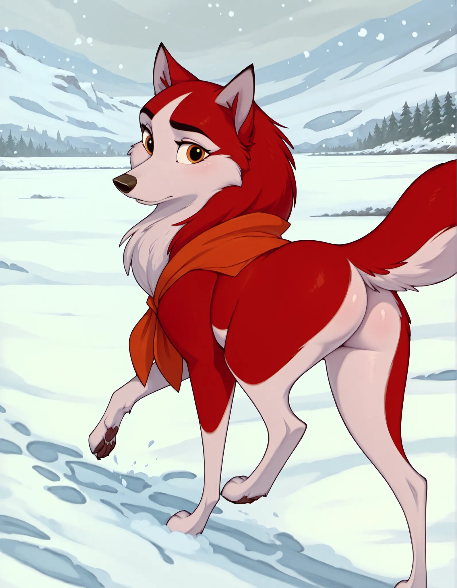 1girl, jenna\(balto\), feral, two tone fur, red fur, canine, no humans, solo, amber eyes, neckerchief, animal, outside, snow, standing, looking at viewer, feral, ass, sexy ass