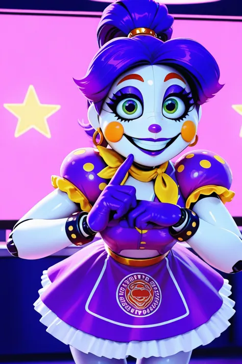 1 girl, pixar style, stop motion character, looking at the viewer, leaning forward, profile pose, very beautiful, perfect, beautiful woman, kind gesture, gentle gesture, beautiful woman, very pretty, hands stretched out in front of her, a very beautiful porcelain robot girl, big eyes with big black eyeliner and big eyelashes, a beautiful long smile with slightly understated purple lipstick, purple hair with golden earrings and a ponytail hairstyle, purple dress with yellow stars, amazing shape, scarf around her neck, black bracelet, skirt with white ruffles, green eyes, hair with pink gradient at the tips, dress with purple shoulder pads with stars, purple nose, purple cheeks, purple makeup, beautiful robot woman, purple eyeliner, big eyebrows, slim face, purple gloves up to the elbows, perfect hands, nice body, good anatomy, slightly in profile, beautiful image, flat colors, violet shoulder pads, in a retro synthwave restaurant, skirt with a big star in its center, cheek-to-cheek smile, closed teeth, robot hands, robot joints, dancing robot, her breast is robotic without curves,