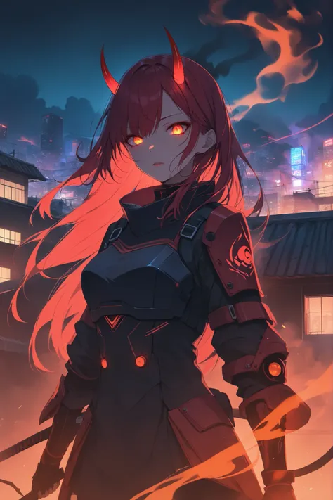 ((masterpiece)), ((RAW 4K)), ((anime-real fusion)), ((ultra detail)), ((walking toward viewer)), ((medium close-up)), ((glowing amber eyes)), ((spiritual smoke from eyes)), ((oni demon spirit behind her)), ((ghostly red aura)), ((crimson long hair)), ((cyb...