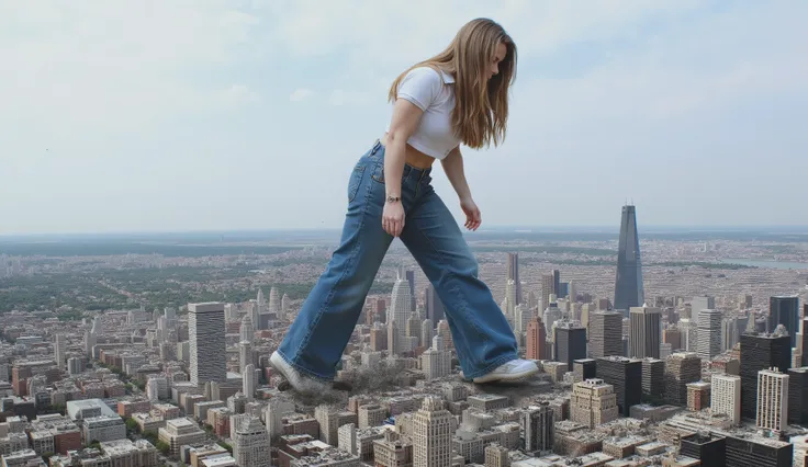 21 years old athletic girl, dressed in short sleeve crop polo top and long blue jeans and athletic shoes, masterpiece, best quality, 4K, 8K, long hair, she walks over city, giantess, GTS, view from side of her, crushing building under her shoes, destructio...