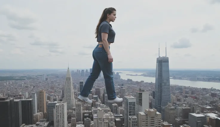 20 years old fitness girl, dressed in short sleeve crop polo top and long blue jeans and athletic shoes, masterpiece, best quality, 4K, 8K, long hair, she walks over city, giantess, GTS, view from side of her, crushing building under her shoes, destruction...