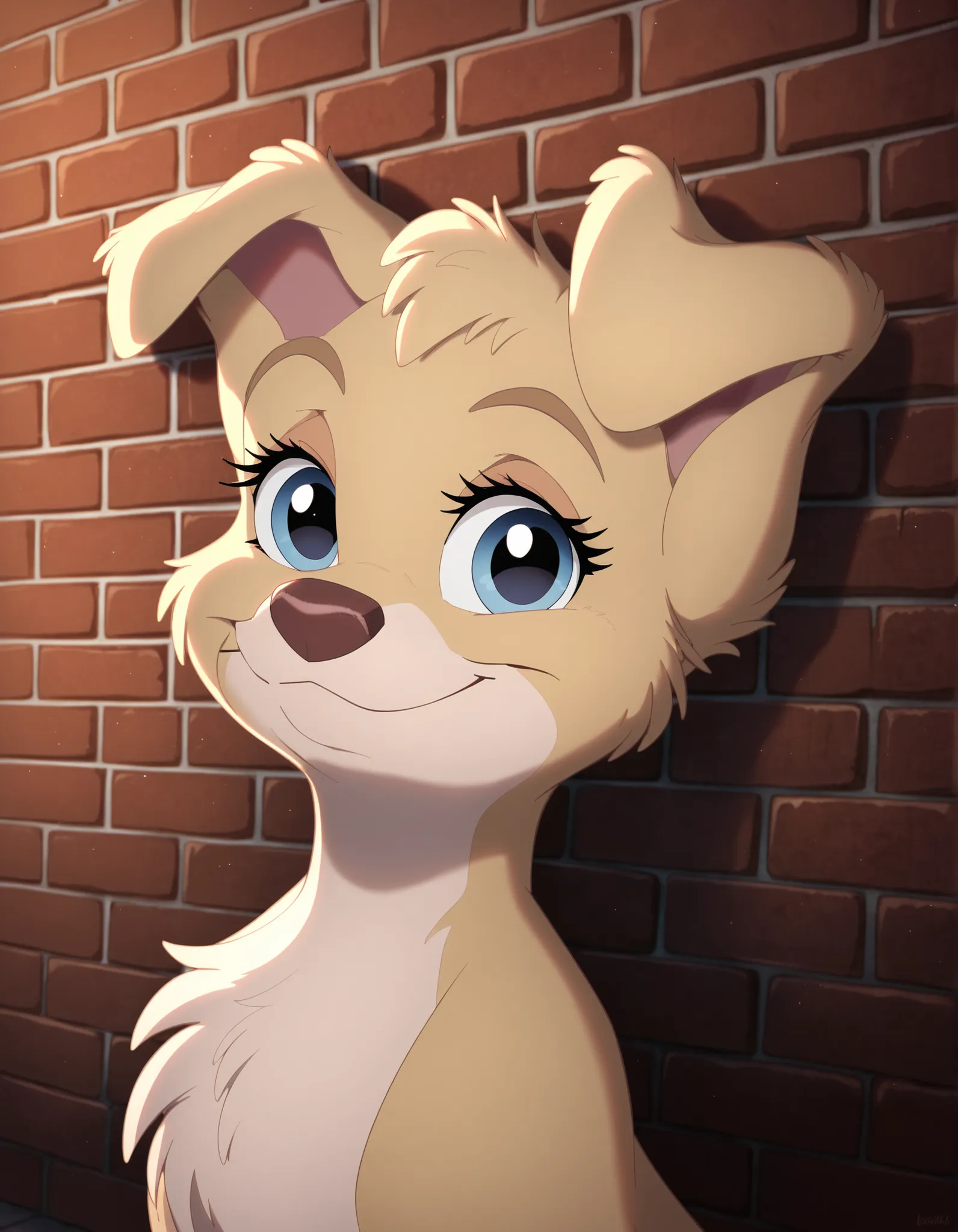 score_9, score_8_up, score_7_up,   angellat, solo, looking at viewer, smile, animal ears, closed mouth, upper body, no humans, furry, wall, brick wall, dog, yellow fur, body fur, blue eyes
