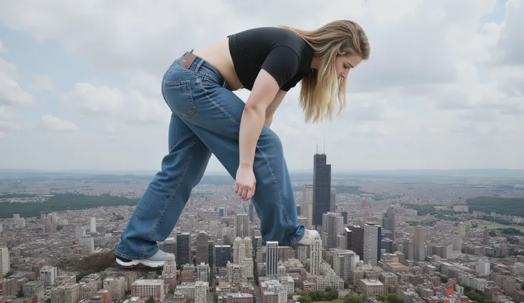 20 years old fitness girl, dressed in short sleeve crop polo top and long blue jeans and athletic shoes, masterpiece, best quality, 4K, 8K, long hair, she walks over city, giantess, GTS, view from side of her, crushing building under her shoes, destruction...