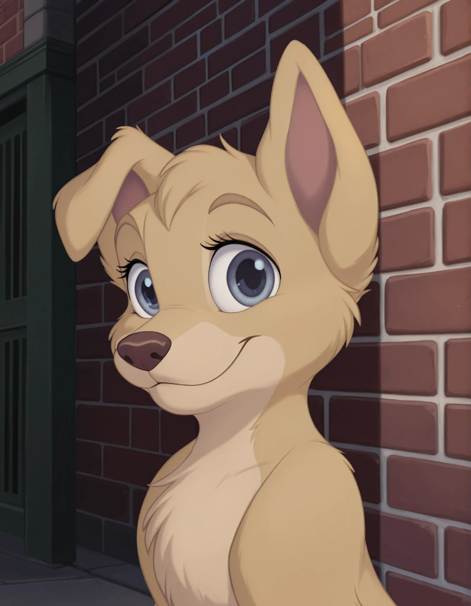 angellat, solo, looking at viewer, smile, animal ears, closed mouth, upper body, no humans, furry, wall, brick wall, dog, yellow fur, body fur, blue eyes