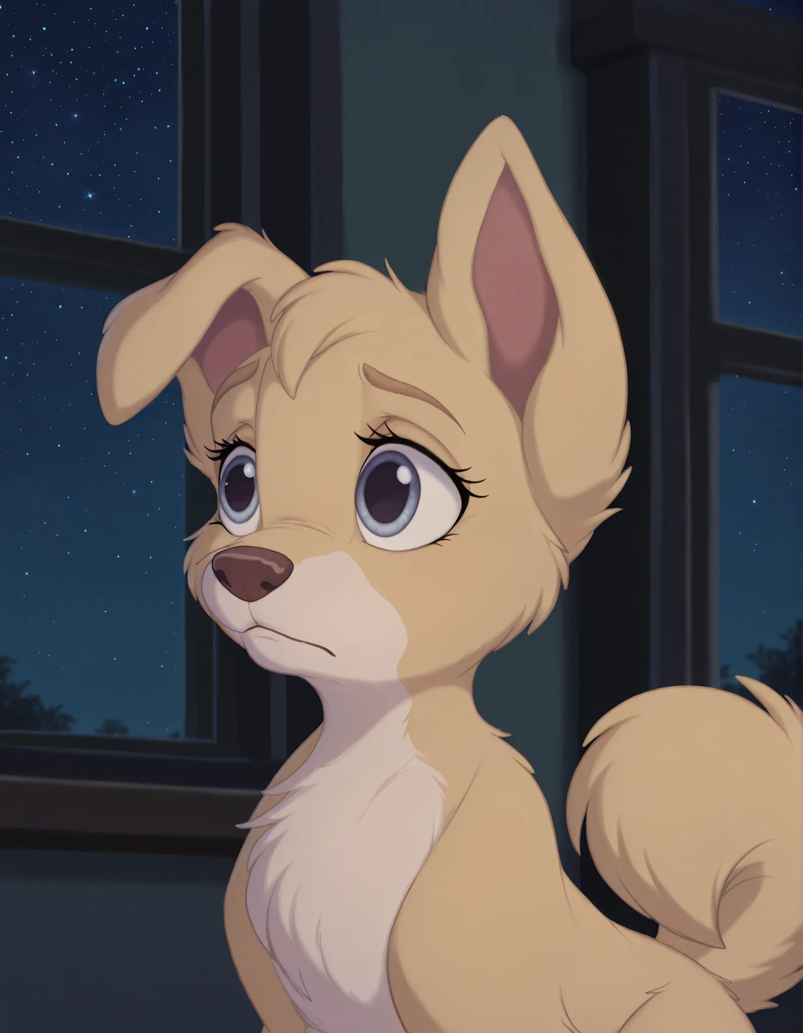 angellat, tail, 1girl, solo, animal ears, closed mouth, sky, indoors, blurry, no humans, window, night, blurry background, star \(sky\), dog ears, night sky, furry, starry sky, furry female, white fur, animalization, animal nose, dog, yellow fur, body fur,...