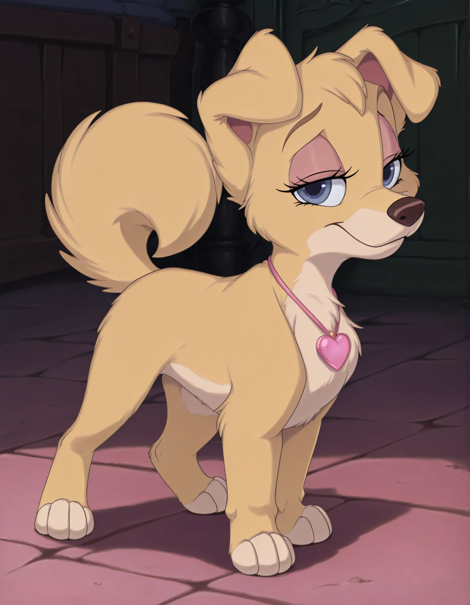 angellat, dog, yellow fur, body fur, blue eyes, Disney, score_9, score_8, score_7, no humans, (((full body))), standing, solo, three-quarter view, female, feral, hight definition, pink heart necklace, hyper detailed, best quality, amazing quality, 1girl, c...