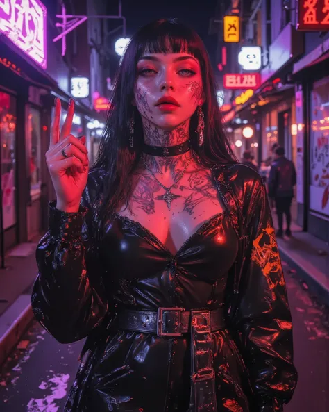 Photorealistic portrait of a girl in a dystopian and dangerous world, where cyberpunk aesthetics merge with gothic darkness. The environment is marked by crumbling streets, illuminated only by purple and red neon lights, that create a dark and decadent atm...