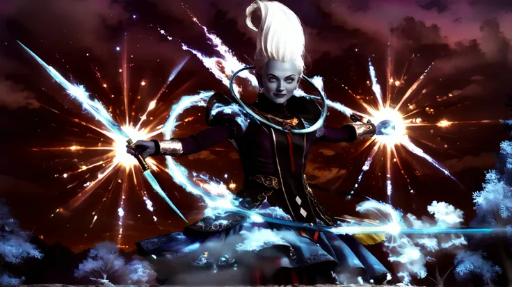 Whis using time magic, glowing staff stopping energy blasts mid-air, celestial rings rotating around him
(best quality, masterpiece, RAW photo,ultra-detailed:1.2), ,colored skin, blue skin, long white hair, puffy sleeves, dress, looking at viewer, smiling,...