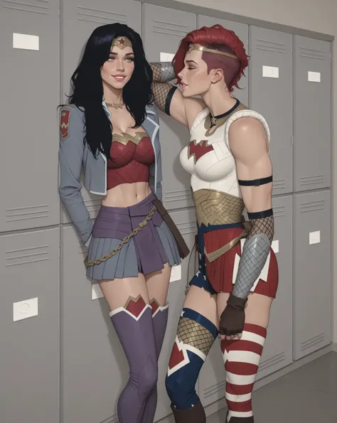 2girls, lesbian couple, semi-realistic movie scene, hot and curvy and gorgeous wonder woman and her strong butch girlfriend ALVI in an intimate moment,  wonder woman has long black styled hair and she is wearing her gold red tiara and is on left of the ima...