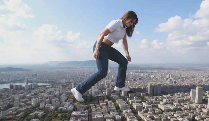 20 years old fitness girl, dressed in short sleeve crop polo top and long blue jeans and athletic shoes, masterpiece, best quality, 4K, 8K, long hair, she walks over city, giantess, GTS, view from side of her, crushing building under her shoes, destruction...
